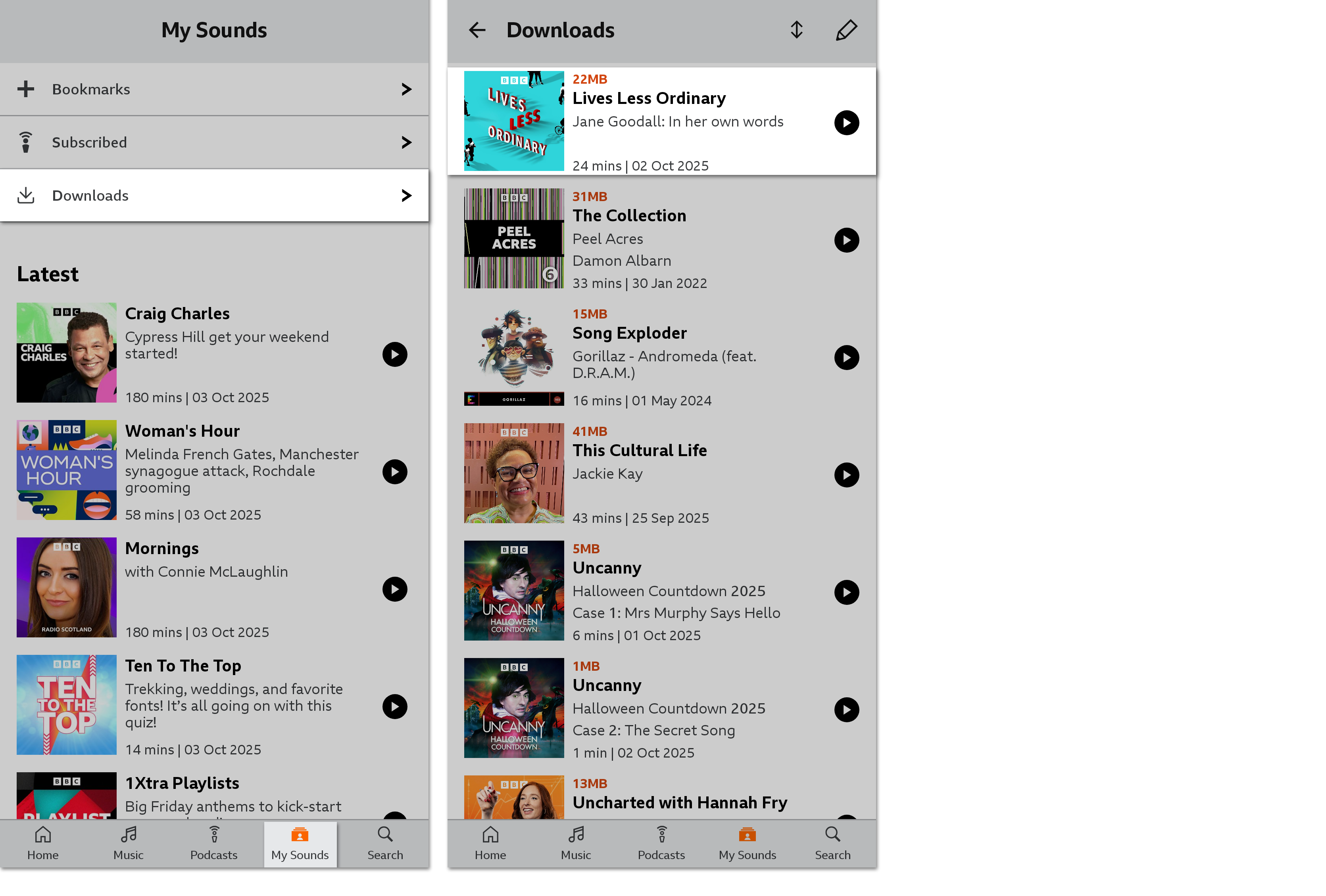 Two images of the Sounds app. The first shows the My Sounds menu with both the My Sounds icon and the Download menu highlighted. The second shows the Downloads menu with the recently-downloaded episode highlighted at the top
