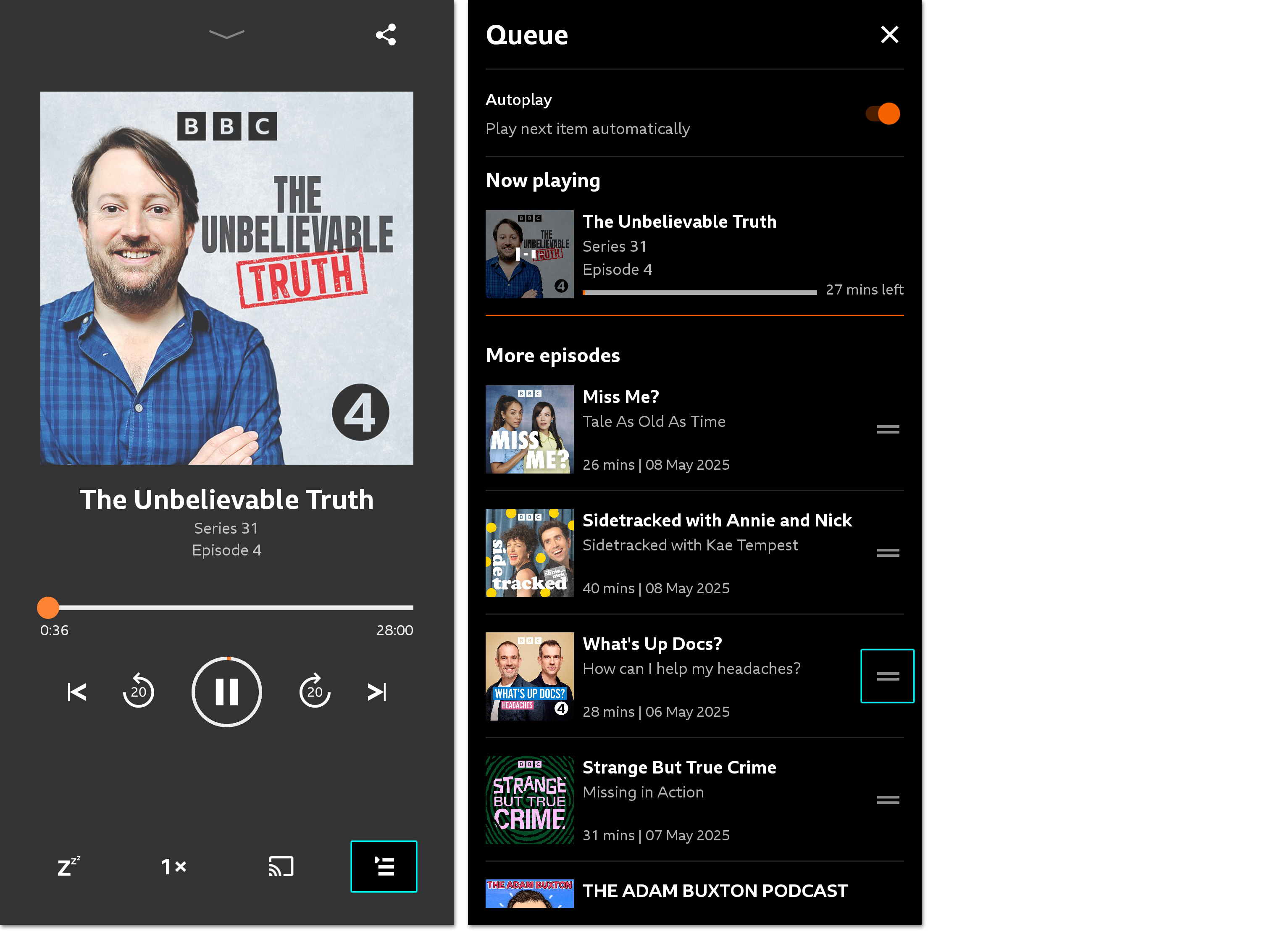 Two images from the Sounds mobile app. The first shows the playback screen with the play queue button highlighted on the bottom right. The second shows the play queue with the rearranging icon highlighted
