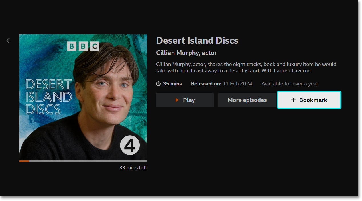 Image of an episode page on the BBC Sounds TV app with the 'Bookmark' button highlighted