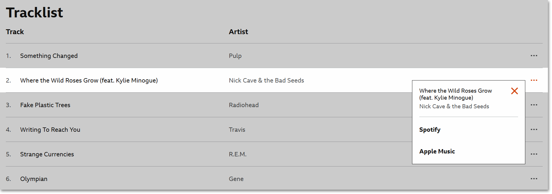 Image of the tracklist from a programme on the BBC Sounds website. One track and the export options are highlighted