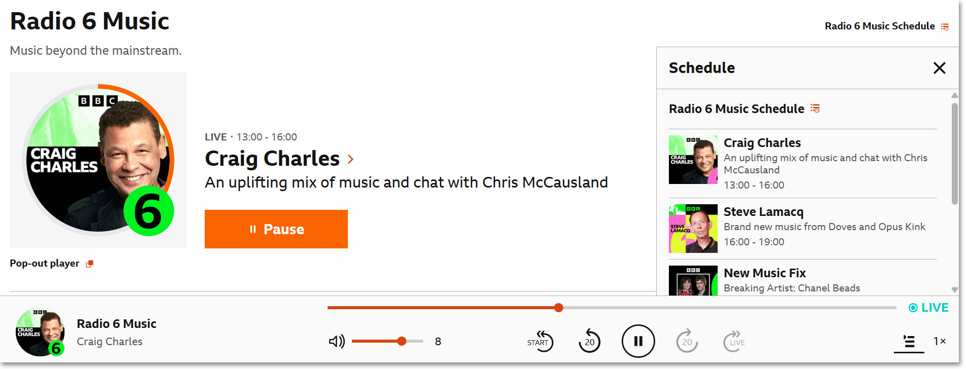 Image of the live playback screen showing the play queue and the link to the station schedule