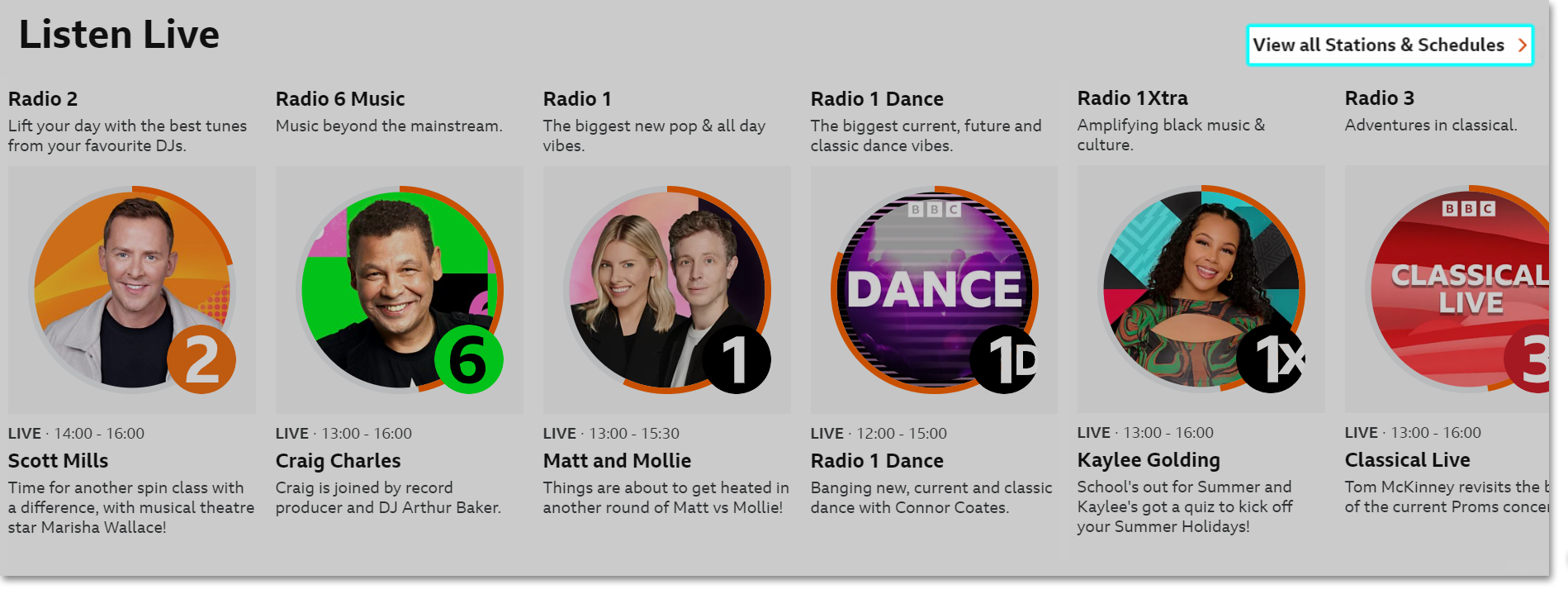 Image showing the live station rail on the BBC Sounds website. The 'View Stations and Schedules' link is highlighted on the right