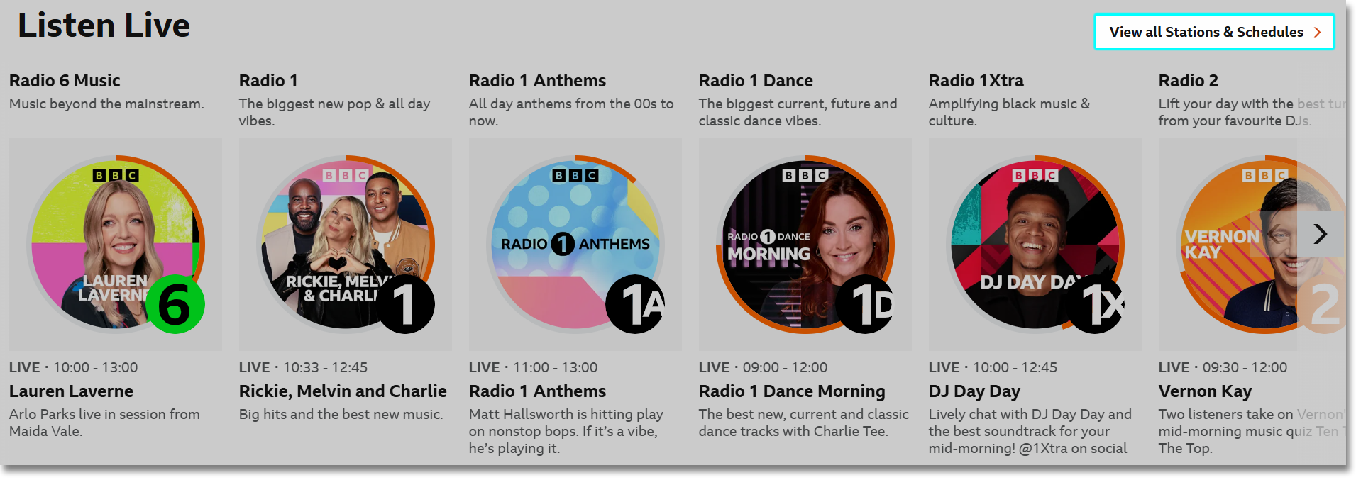 Image showing the homepage of the BBC Sounds site, with the live stations visible and the 'View all Stations & Schedules' link highlighted