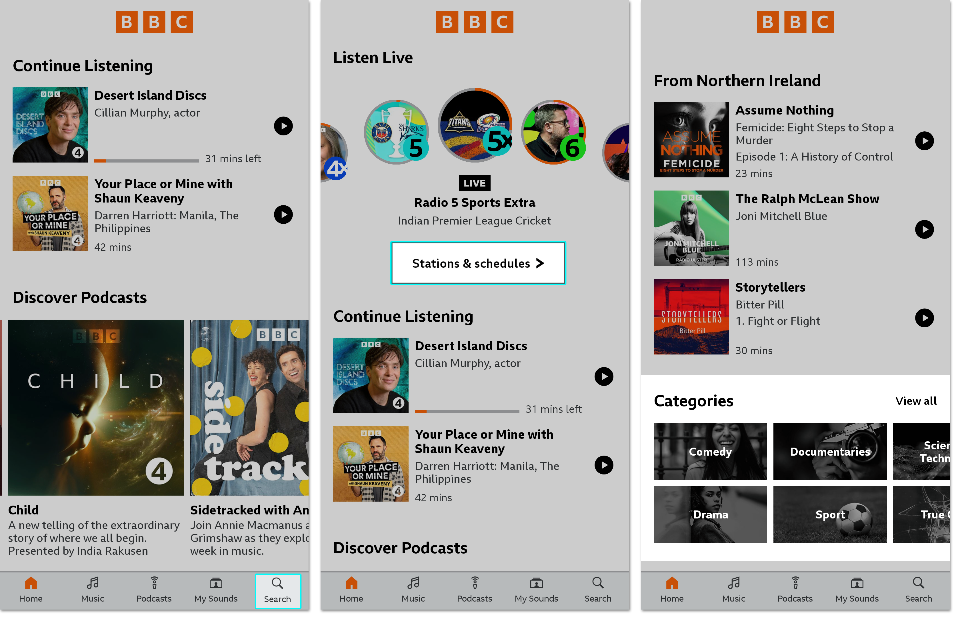 Three images from the BBC Sounds mobile app. The first highlights the search button on the bottom right. The second highlights the 'Stations and schedules' button on the top of the homepage and the third highlights the categories section