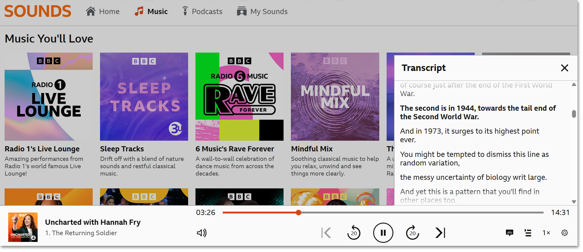 Image from the BBC Sounds playback screen. The playback bar is highlighted and the transcript menu is visible and highlighted
