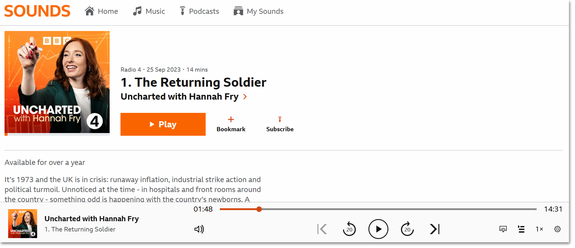 Image of the BBC Sounds website showing the playback page. The episode is displayed with a large 'Play' button, and the programme playback navigation is visible at the bottom of the screen
