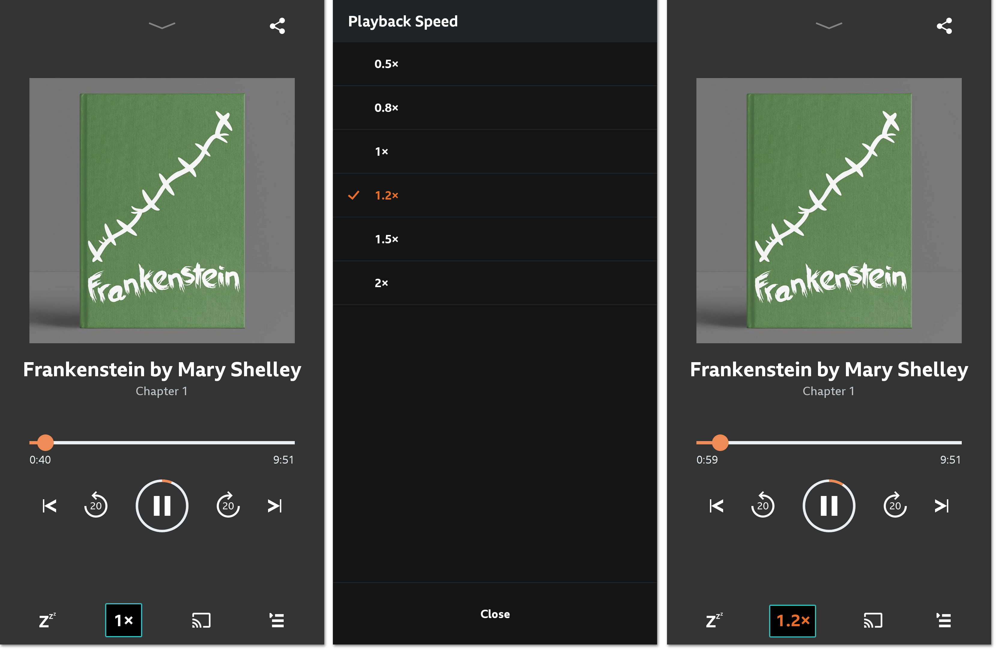 Three screenshots of the mobile/tablet playback screen. The first highlights the playback speed button, the second shows the playback speed menu and the third shows the playback screen when a new playback speed is chosen. This is highlighted at the bottom