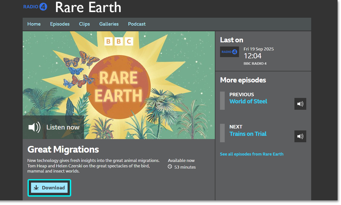 Image of the Programme Website for a podcast with the 'Download' button at the bottom highlighted