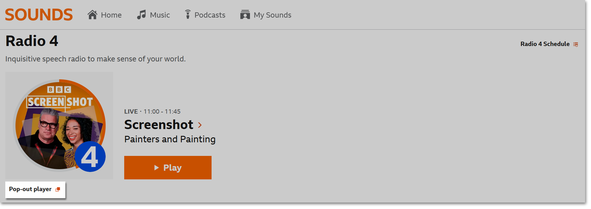 Image from the BBC Sounds website showing highlighting the 'Pop-out player' icon under the name of the live streaming programme