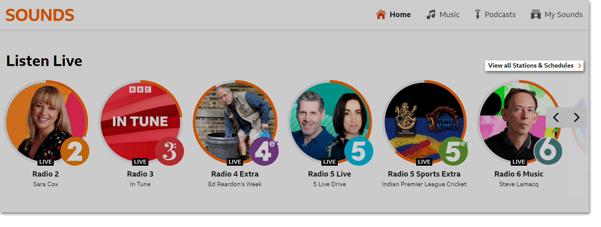 Screenshot of the BBC Sounds homepage with the 'Stations and Schedules' button on the top left highlighted