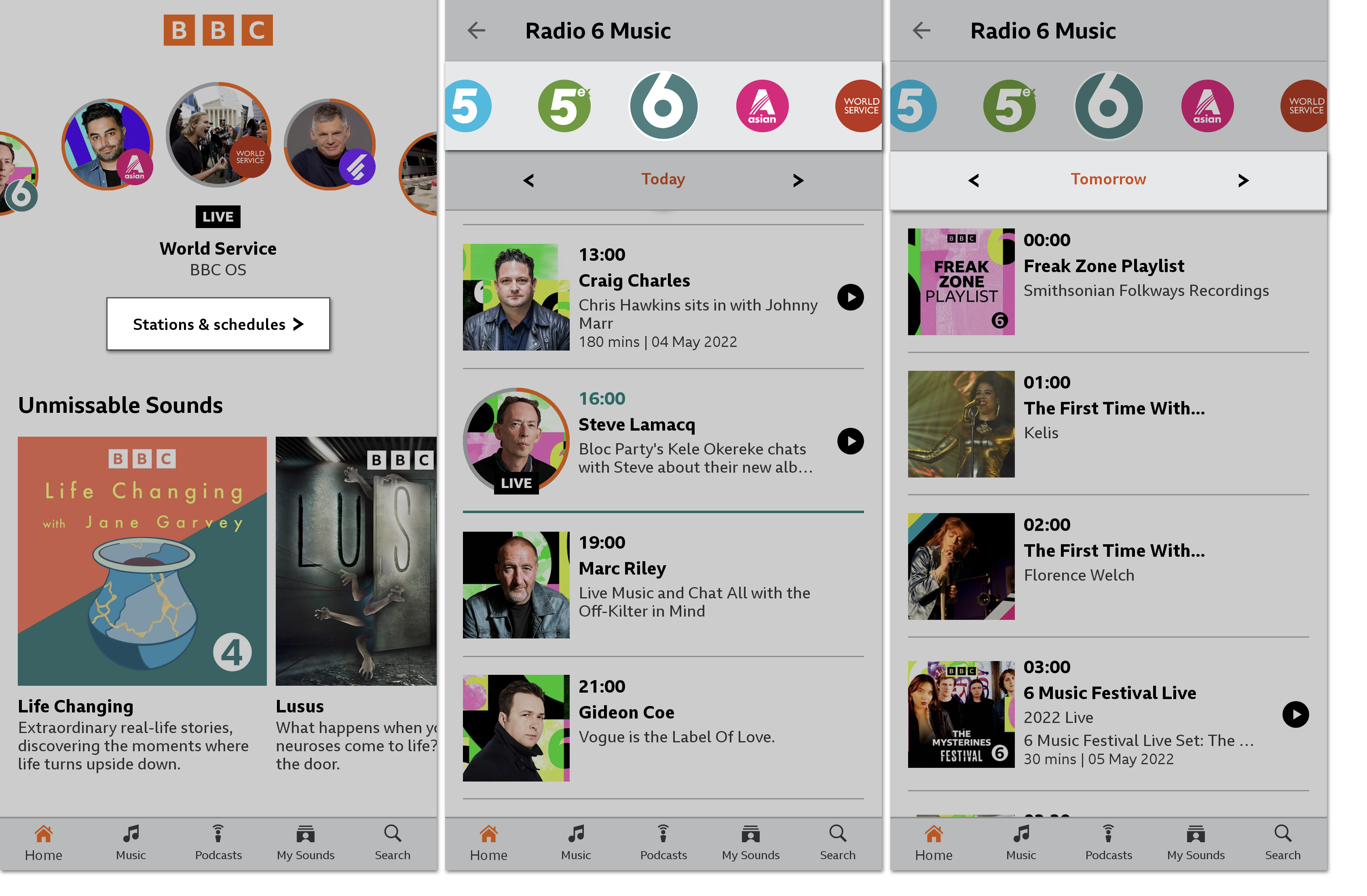 Three screenshots from the BBC Sounds mobile app. the first is of the homescreen with the 'Stations and Schedules' button highlighted in the middle at the top, the second is of the schedule pages with the stations rail highlighted along the top of the page and the third highlights the days at the top of the schedule