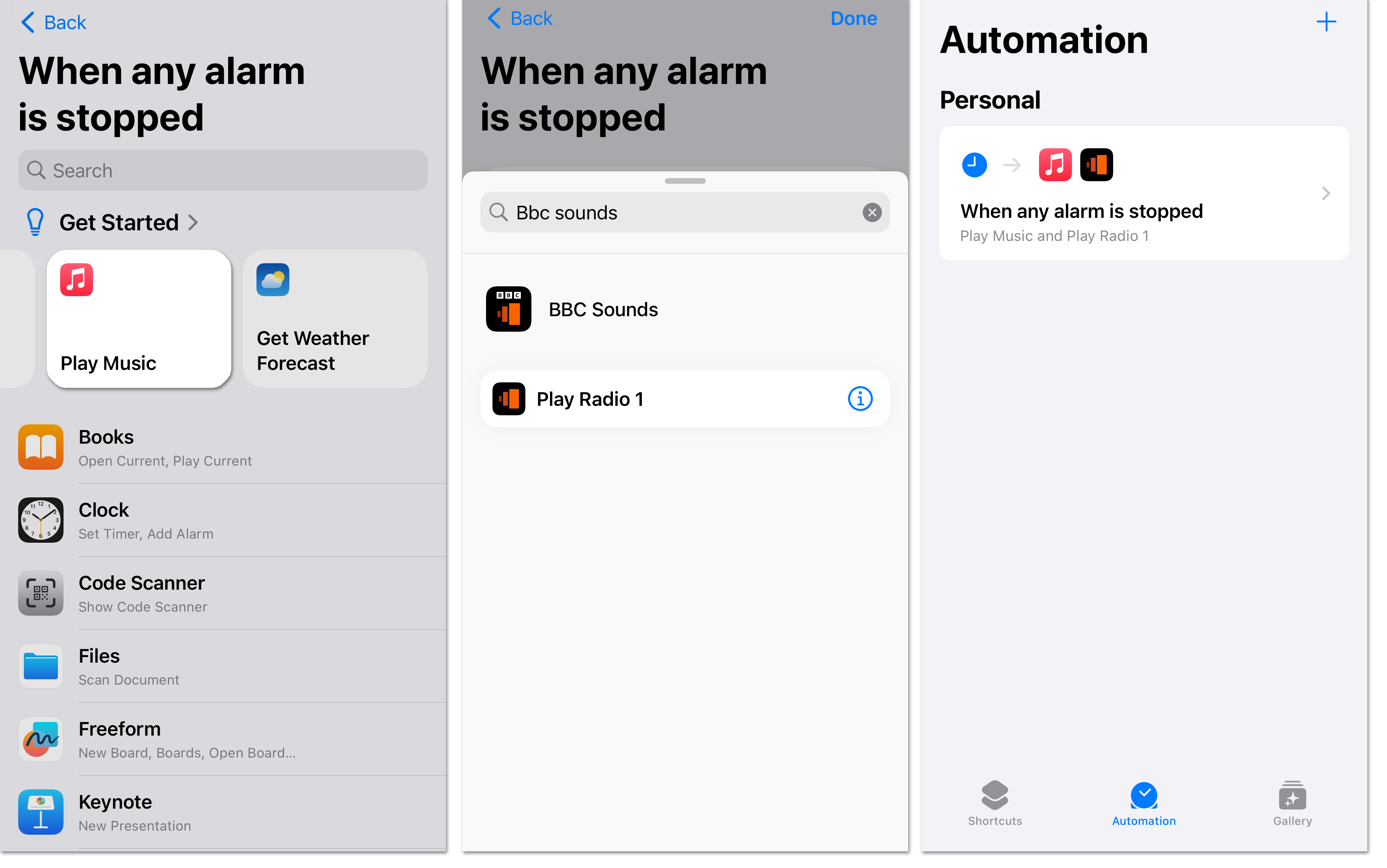 Three screenshots from the Shortcut app when setting up a shortcut for BBC Sounds. The first highlights the 'Play music' option, the second shows the BBC Sounds options and the third shows the automation set up in the 'Personal' menu.