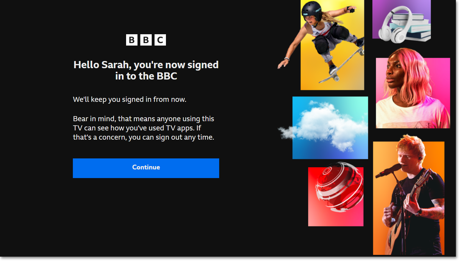 Confirmation page on the TV app when a new account has been signed in
