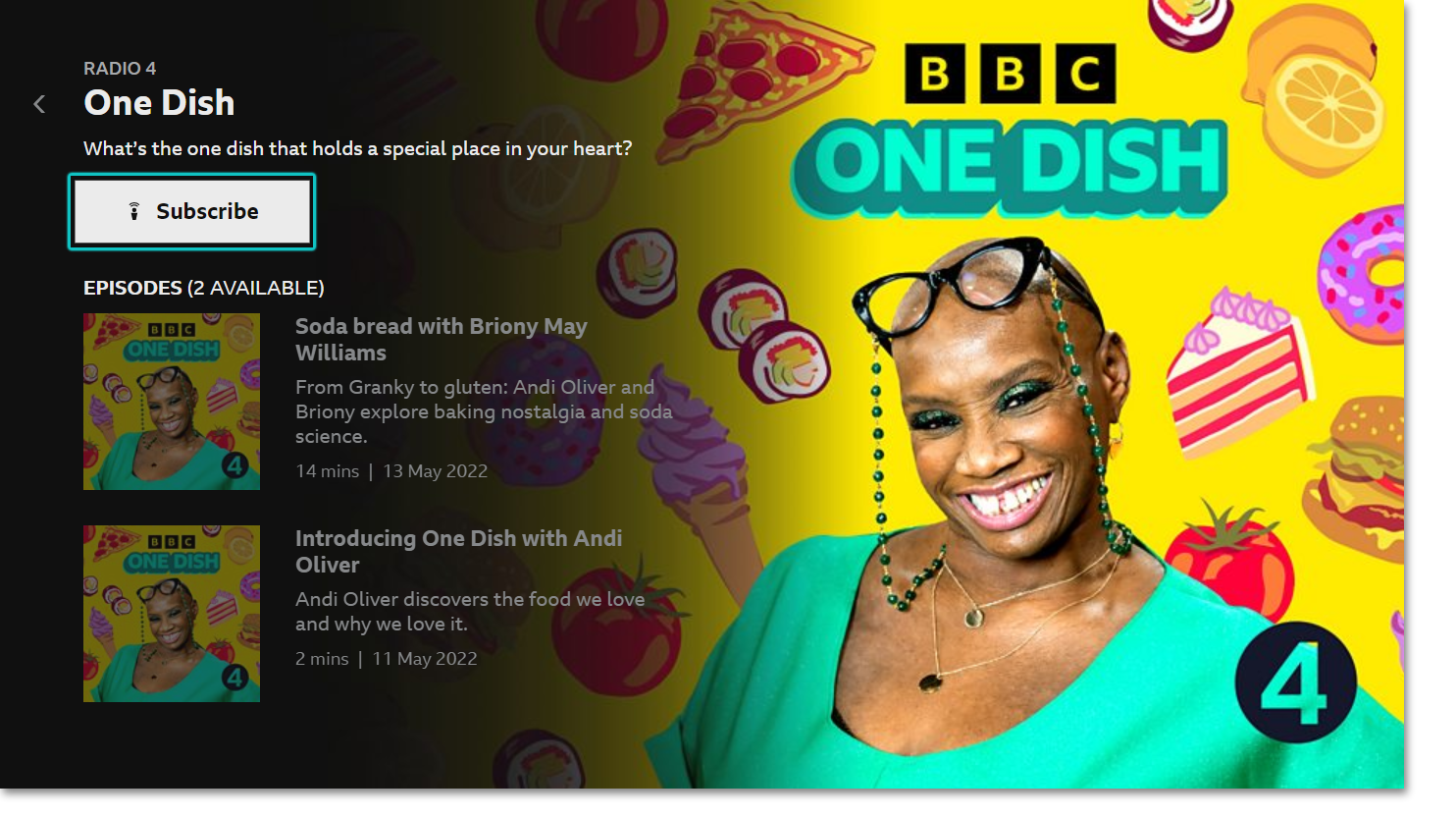 Screenshot of a programme page open on the TV app with the episodes listed below and the Subscribe button on the top left highlighted