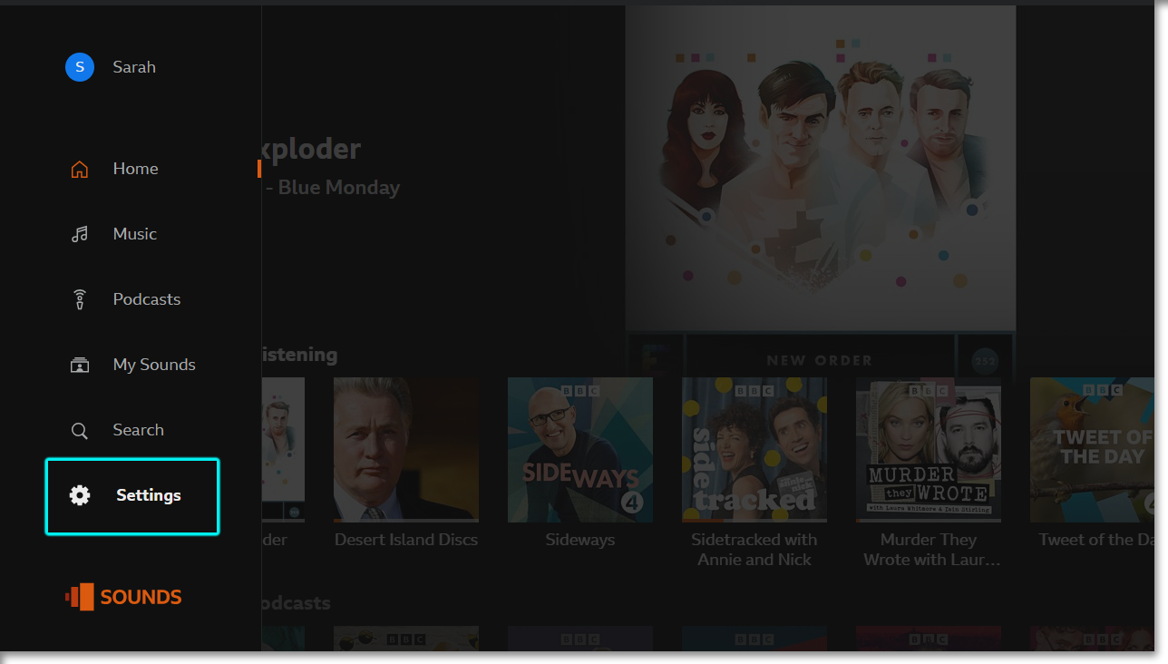 Image of the BBC Sounds TV app with the 'System Information' menu item highlighted