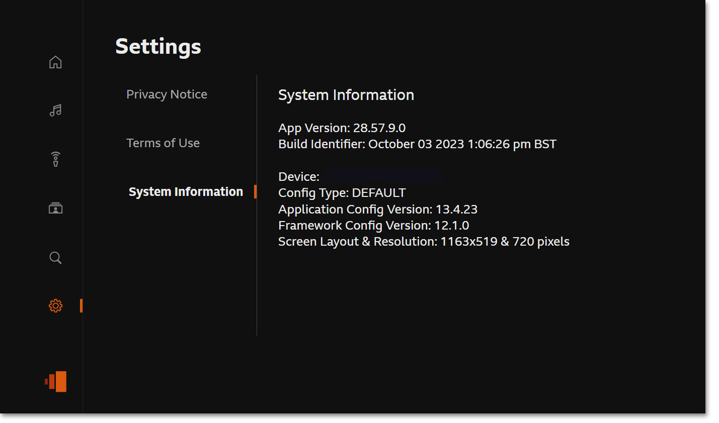 Screenshot showing the System Information screen of the BBC Sounds TV app