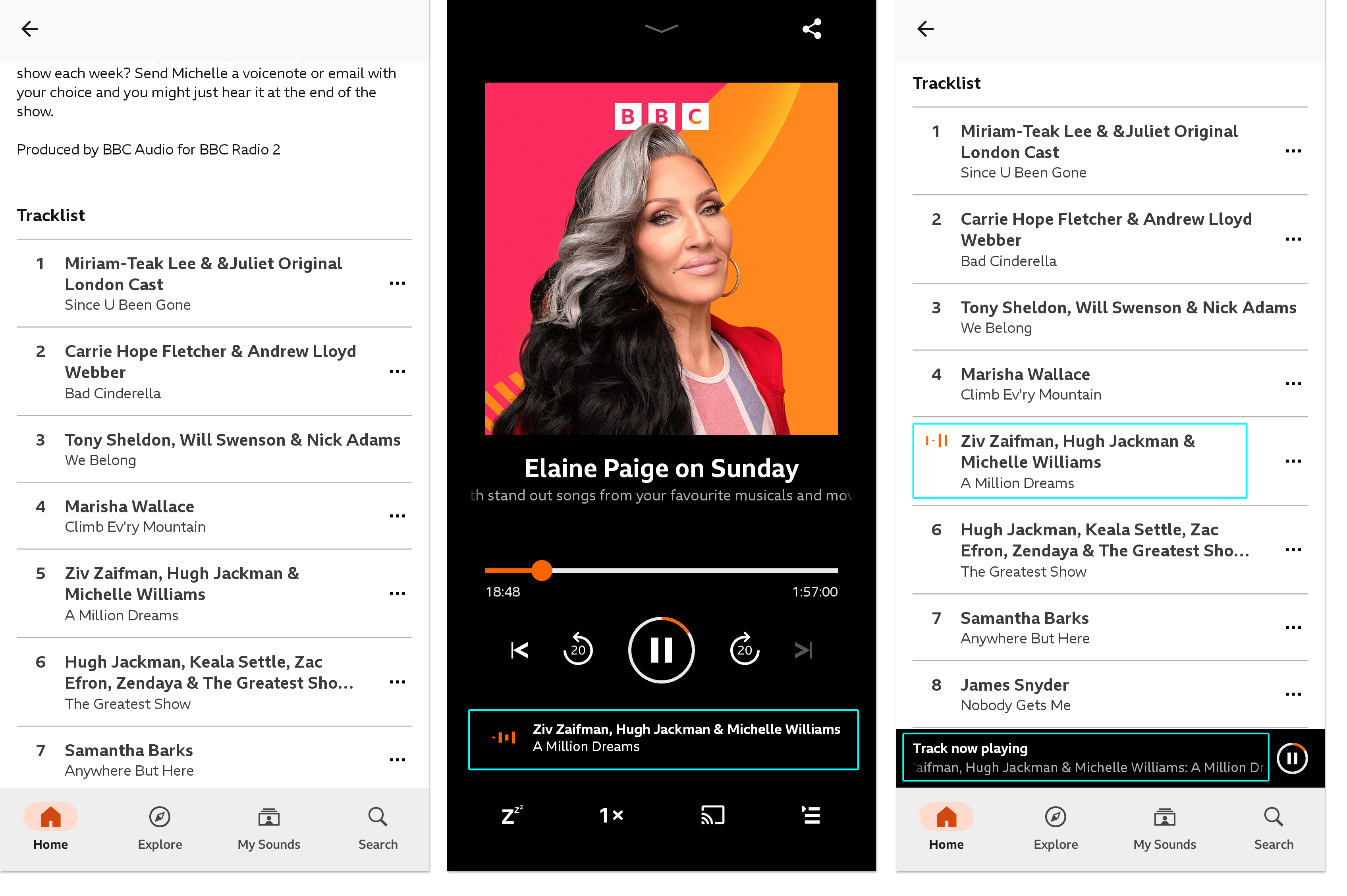Three images from the BBC Sounds mobile app. The first shows the tracklist for an on demand programme. The second shows the playback screen with the currently-playing track highlighted. The first shows the tracklist with the currently-playing track showing orange soundwaves, and the now playing section on the playback bar highlighted