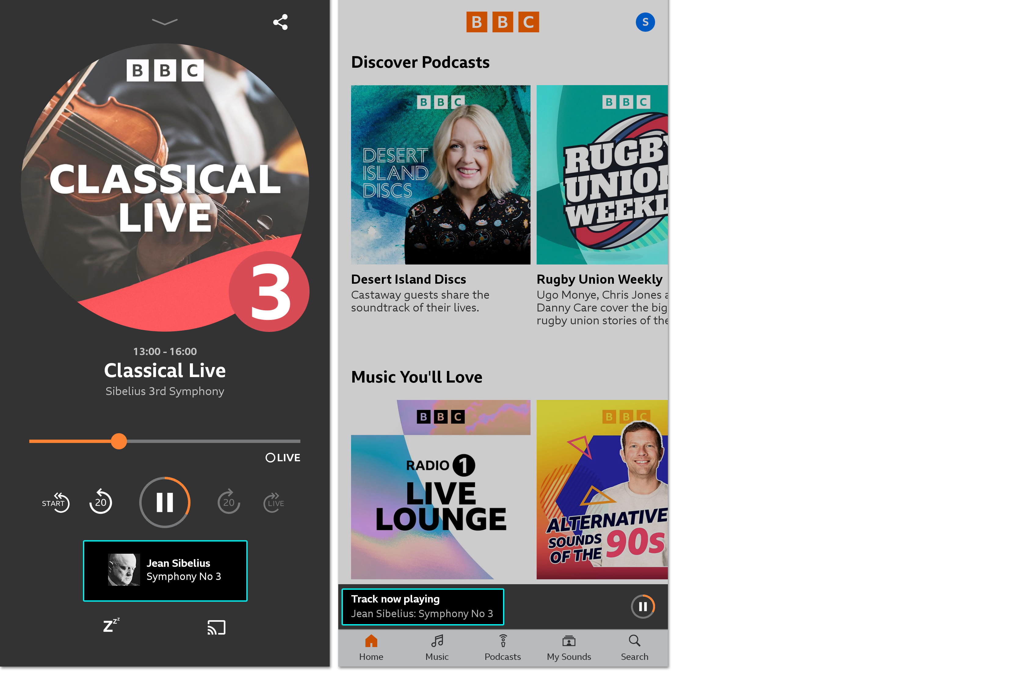 Two images from the BBC Sounds app. The first shows the full live programme information in black with the currently-playing track highlighted. The second shows the track highlighted on the playback bar at the bottom of the screen