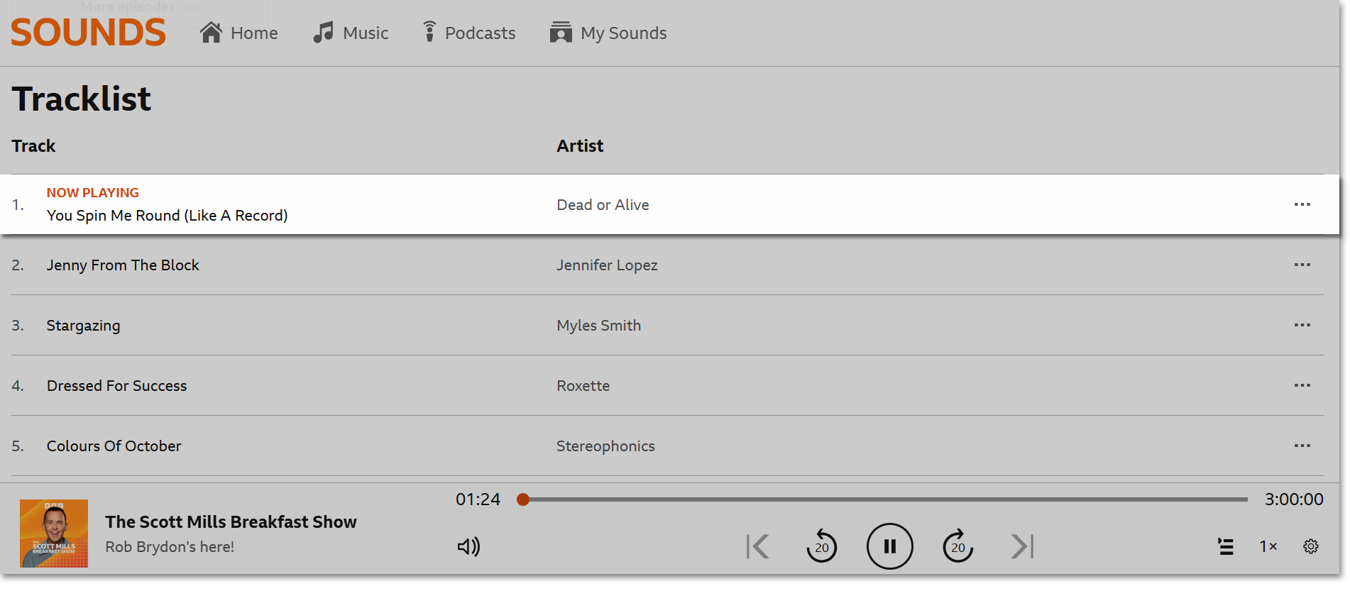 Image of the tracklist from an on demand programme on the BBC Sounds website. The Now Playing track is highlighted