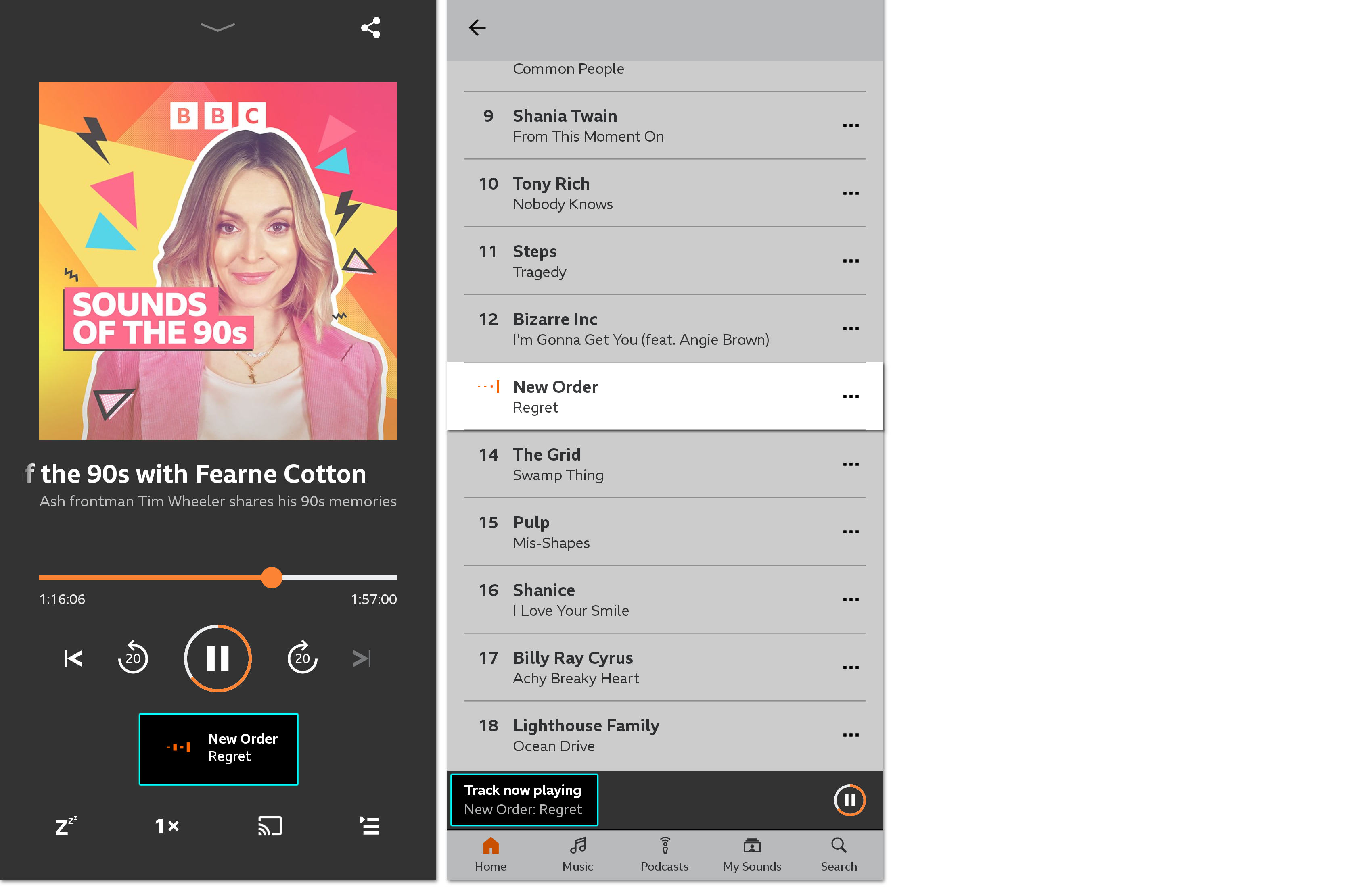 Two images from the BBC Sounds app. The first shows the full programme information with the current track highlighted. The second shows the tracklist on the episode information page with the current track highlighted both in the tracklist and on the playback bar at the bottom