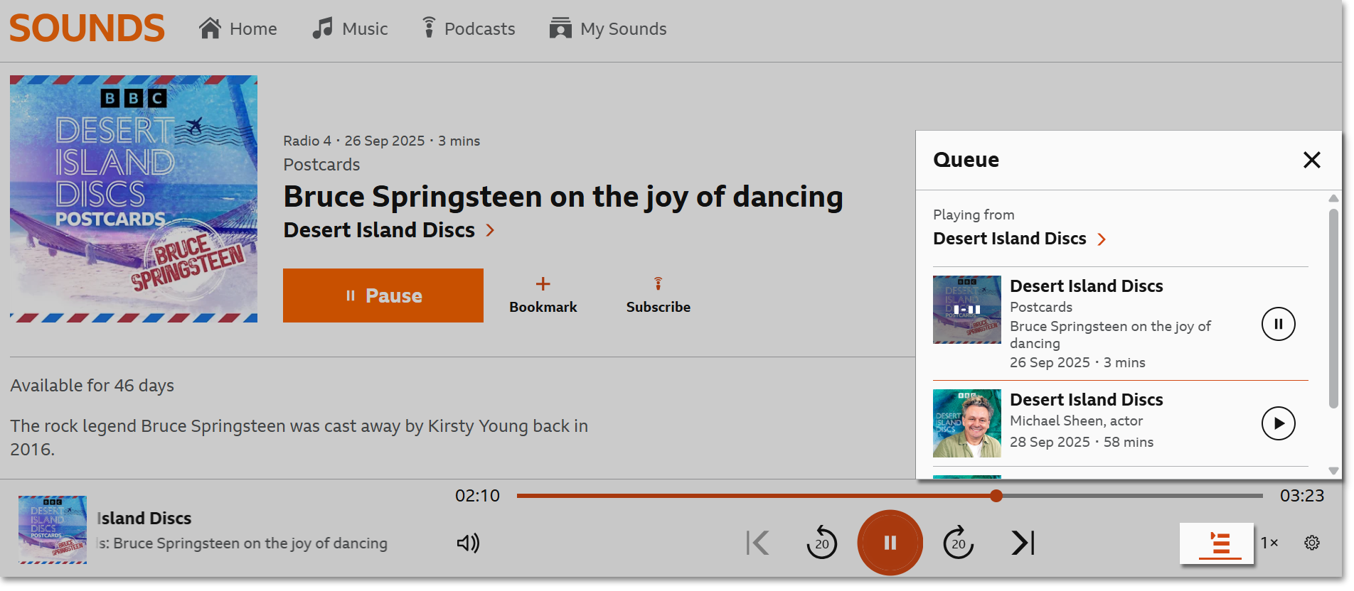 Image from the Sounds website of a programme playing, with the play queue open and highlighted
