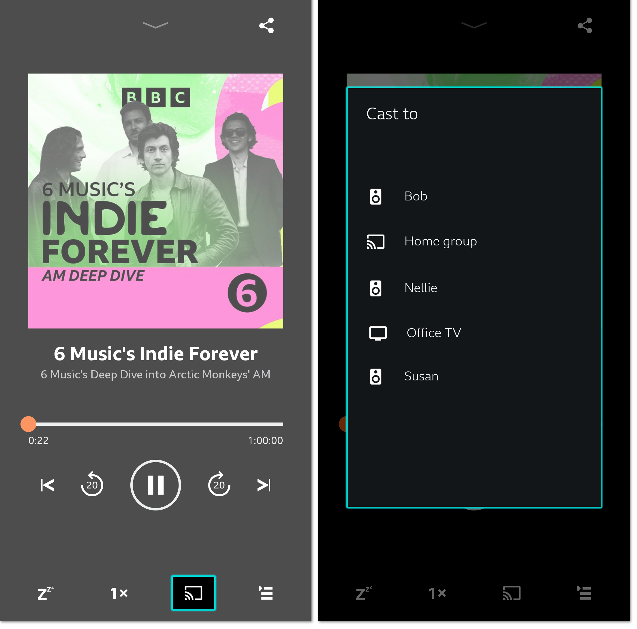 Two screenshots of the BBC Sounds mobile app. The first shows the playback screen with the Chromecast icon highlighted. The second shows the available devices to choose from.