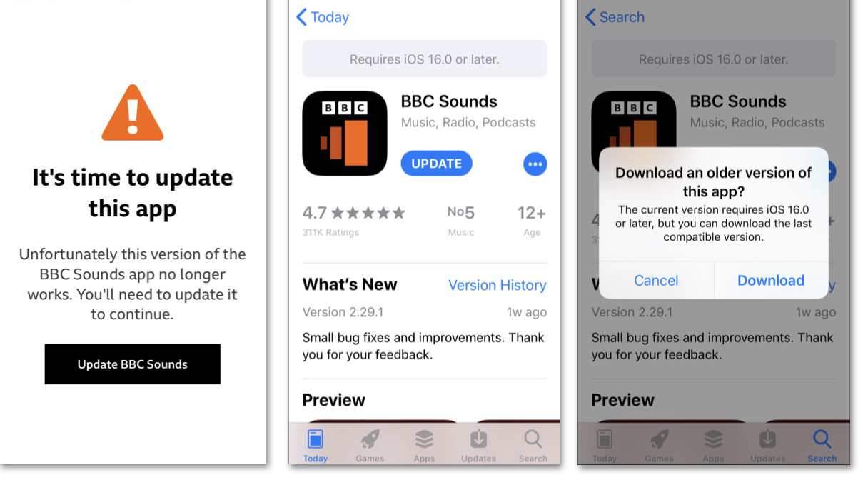 Three images showing how to update the app