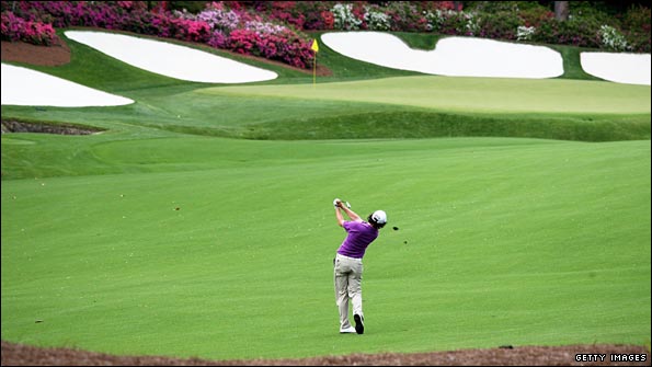 Rory McIlroy fires his appraoch to the 13th pin at Augusta