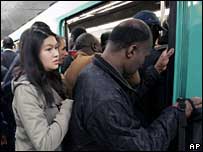 A crowded Paris metro train