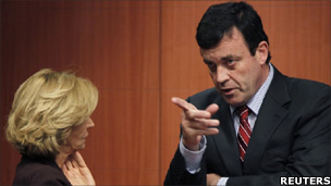 Irish Finance Minister Brian Lenihan and Spanish Economy Minister Salgado at the EU finance ministers' meeting, Brussels, 6 September