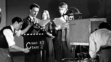 Black and white image of a film shoot