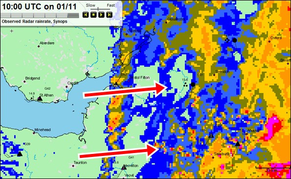 Rainfall radar, West Country, 10 am Sunday 01 November 2009 (via Met Office MBS System)