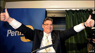 Finland's nationalist party True Finns' leader Timo Soini celebrates 
