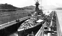 A pre-war photograph showing HMS Hood in the Panama canal