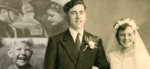 Montage of black and white photos of children with a young girl and her grandfather