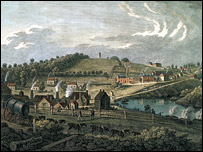 Vivares painting of Coalbrookdale showing the old furnace