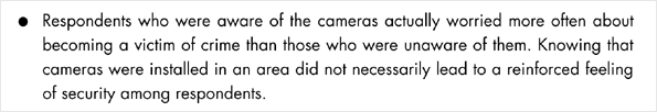 respondents who were aware of the cameras actually worried more often about becoming a victim of crime than those who were unaware of them
