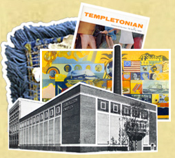 Photo montage showing Templeton's carpet factory, the Templetonian magazine, John Byrne's carpet mural and a bit of carpet.