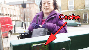 Liz's cache stuck to a bench