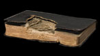 Side view of a bible with bullet hole