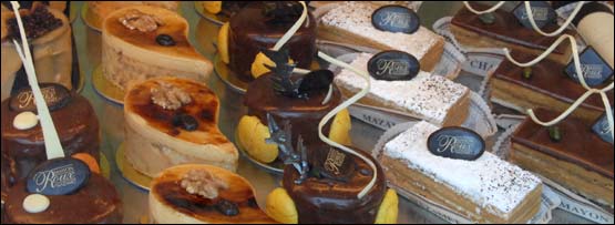 Different cakes in display in a shop in Paris