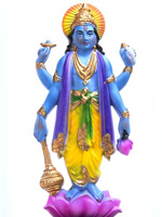 Vishnu, depicted as a blue-skinned man with four arms standing on a lotus flower