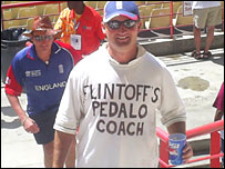 Andy from Billericay with a teeshirt reading Flintoffs pedalo coach