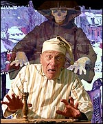 Ebenezer Scrooge with a ghost of Christmas to come