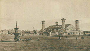 Black and white view looking across Ayr Low Green to fountain and Ayr pavilion.