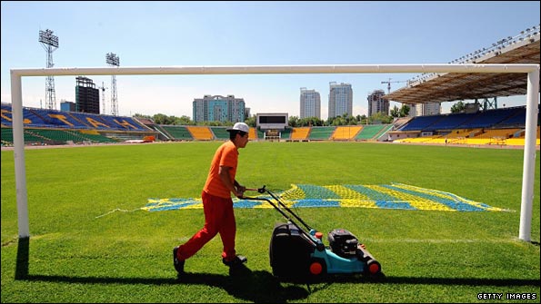 Groundsman working at the Central Stadium in Almaty in Kazakhstan