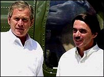 O presidente dos Estados Unidos, George W. Bush, e o primeiro-ministro espanhol, José María Aznar