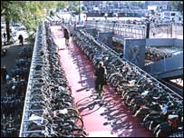 A packed bicycle stand in Amsterdam