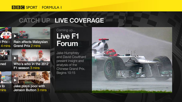 A BBC Sport branded screen. A large F1 video player to the right; several smaller archive ones to the left.