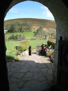 Looking out of the church door in the Doone valley